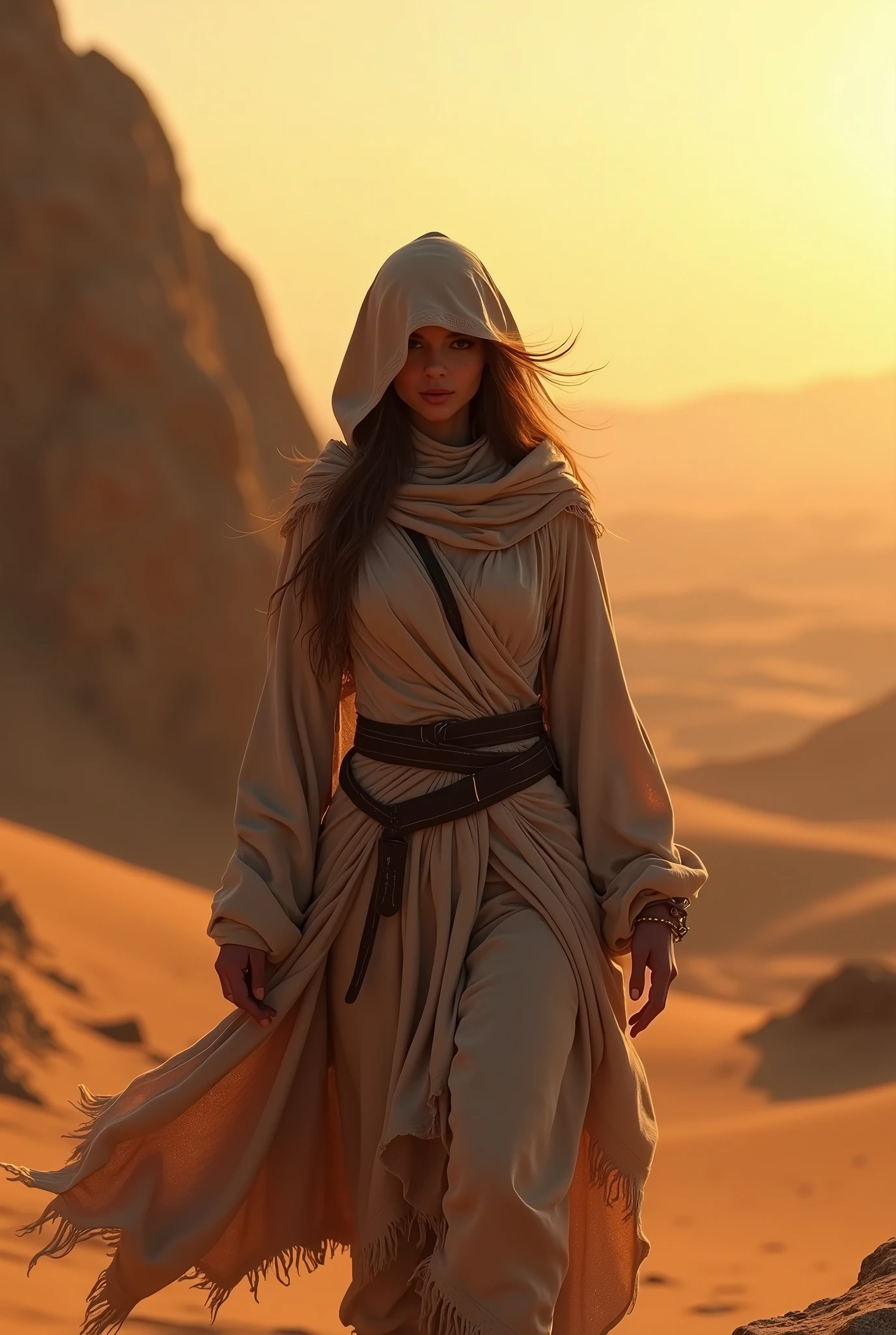 A woman traveling through the desert, fantasy world, woman wearing a