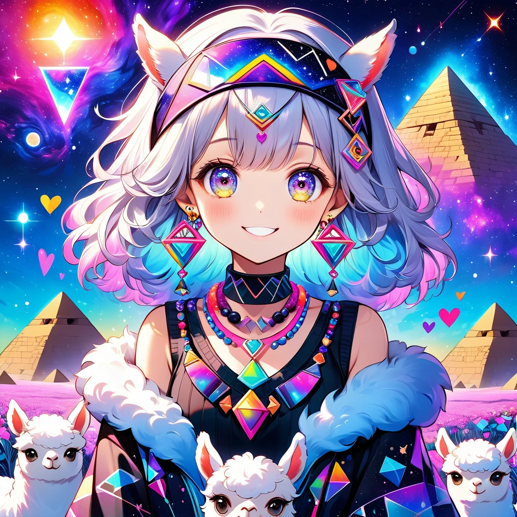 cute alpaca, large sparkling eyes, galaxy-themed accessories, headband with purple and pink flowers, hearts, and geometric patterns, galaxy-themed earrings, colorful beaded necklaces and chest ornament, fluffy fur, smiling expression, vibrant and colorful surreal background, neon hues, pyramids, starry night sky, cosmic elements, mystical and enchanting atmosphere

