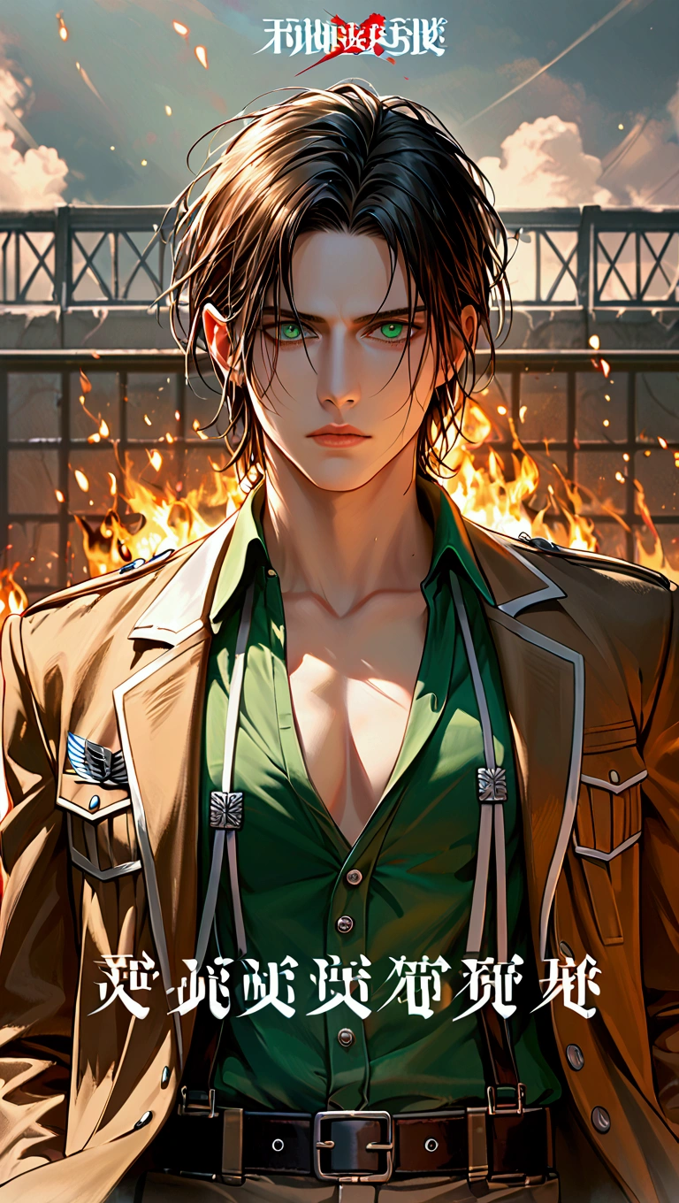 ptn,cg_game,eren_yeager,attack_on_titan,official_art,wallpaper,(masterpiece,UHD,4K), score_9, score_8_up, score_7_up, score_6_up,Eren Yeager, the iconic protagonist of Attack on Titan, stands boldly against a crisp white background. His expressionless face and parted lips exude determination as he holds his sword at the ready. The green eyes seem to pierce through the darkness, fueled by a burning passion for revenge. His short brown hair is mussed, and a chest strap adorns his physique. Long sleeves and black gloves cover his arms, while a green shirt peeks out from beneath his open jacket. The Survey Corps emblem on his collarbone serves as a reminder of his unwavering commitment to the fight. Framing the shot is the subtle focus on Eren's face, with his feet slightly out of frame, emphasizing his intense gaze.