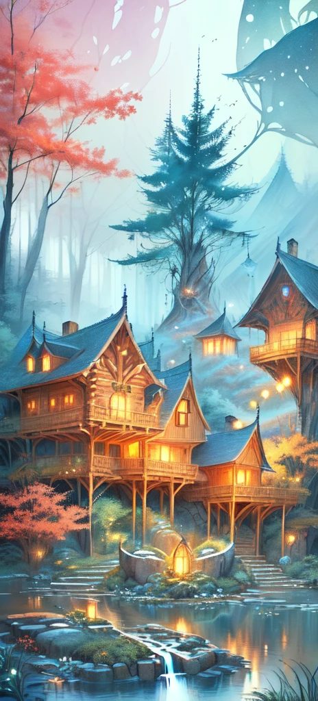 Giant wood、Log house on the tree、balloon、dragon、forest、green、moss、Vine、Fantasy, High resolution for incredible depth and detail, masterpiece, Accurate, Awards, 最high quality, high quality, Ultra-high resolution, Very detailed, Fantasy水彩画,fairy tale、Ultra-high resolution, 8k wallpaper、beautiful