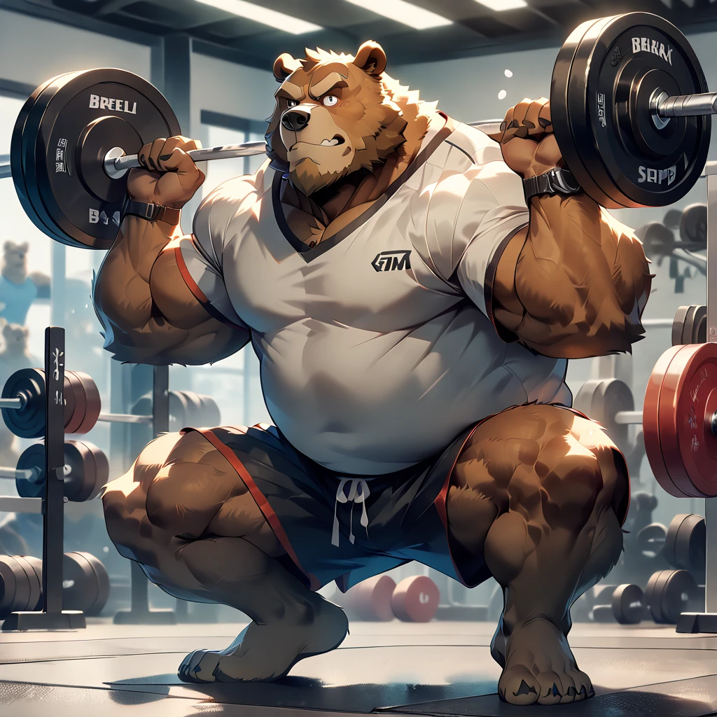 dynamic angle, dynamic pose, power lifting, plump middle-aged american bear man, barbell, squat, brown eyes, beautiful beard, male face, big face, square jawline, male eyes, sharp eyes, big eyes, male eyebrows, innocent look, fluffy body, BREAK sport gym, indoor, masterpiece, best quality, very aesthetic, absurdres,