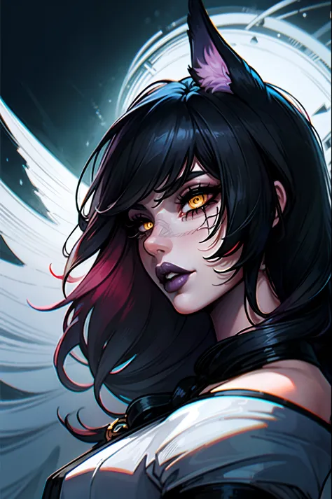 conventicle ahri, 1 girl, don, detached sleeves, multicolored hair, black hair with large white streaks, bangss, wavy black, wav...