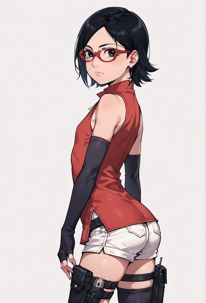 score_9_up, score_8_up, score_7_up, score_6_up, score_5_up, score_4_up, ,zPDXL2, solo, rating_questioablr, perfect face, perfect eyes, BBC_Chan Style, Sarada Uchiha, solo, 1girl, black hair, short hair, red-framed eyewear, glasses, black eyes,red dress, sleeveless, elbow gloves, black gloves, fingerless gloves, white shorts, black thighhighs, thigh holster, flat chest, round butt, side view