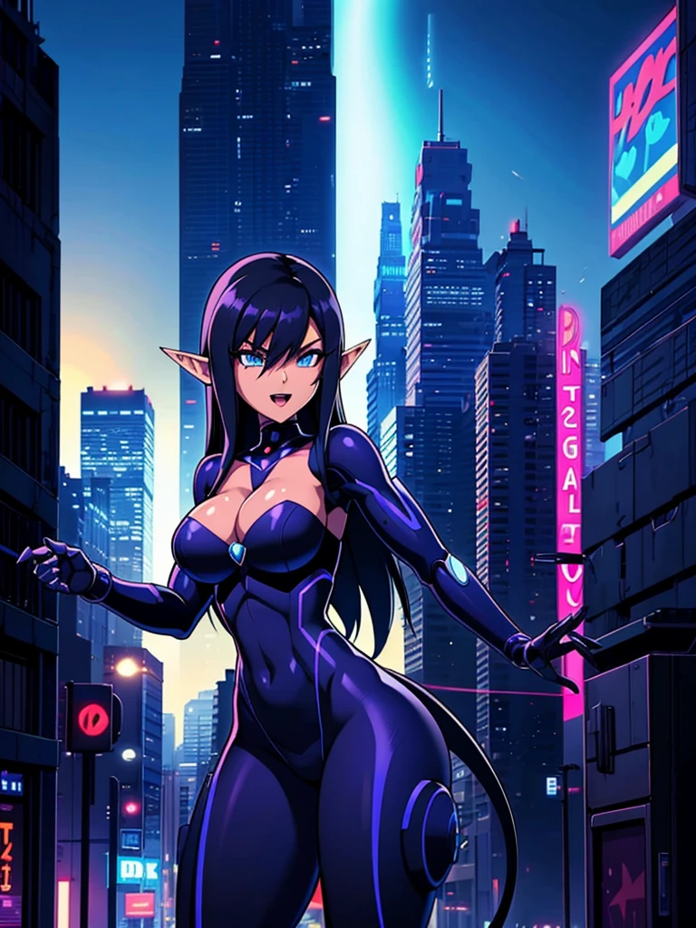 a cartoon picture of a girl with long cyber black hair and a blue tail, (((3D))) commission for high res, elf girl, oc commission, 2d game fanart, hero 2 d fanart artsation, cel - shaded art style, game art!!, close up, :D expression, cyborg joints:1.5, showing cleavage, detailed fanart, background artwork, 8k high quality detailed art, in a cyberpunk city at night, blured background, bokeh:1.5, Promare art style,
