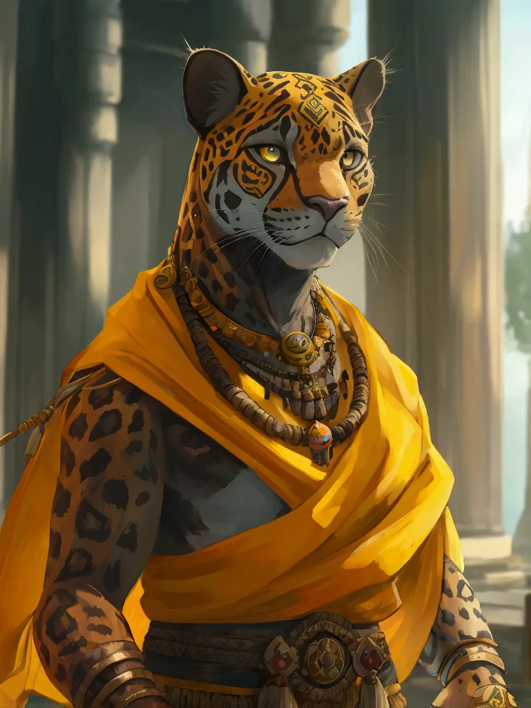 temple, anthropomorphic panther, tribal clothes, yellow markings on body, mirror in hand