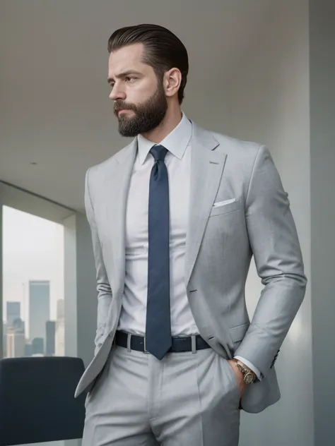 a white man, muscular, 3, with a defined beard, poses with sophistication in a 2012-inspired setting. he is wearing a navy blue ...