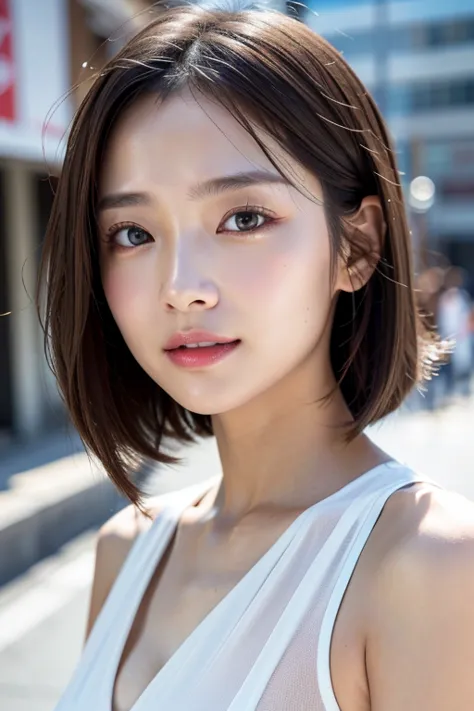 with the backdrop of tokyo alleys、1 girl、independent、look forward to、light eye makeup、brown hair color、flat 、hair blowing in the...