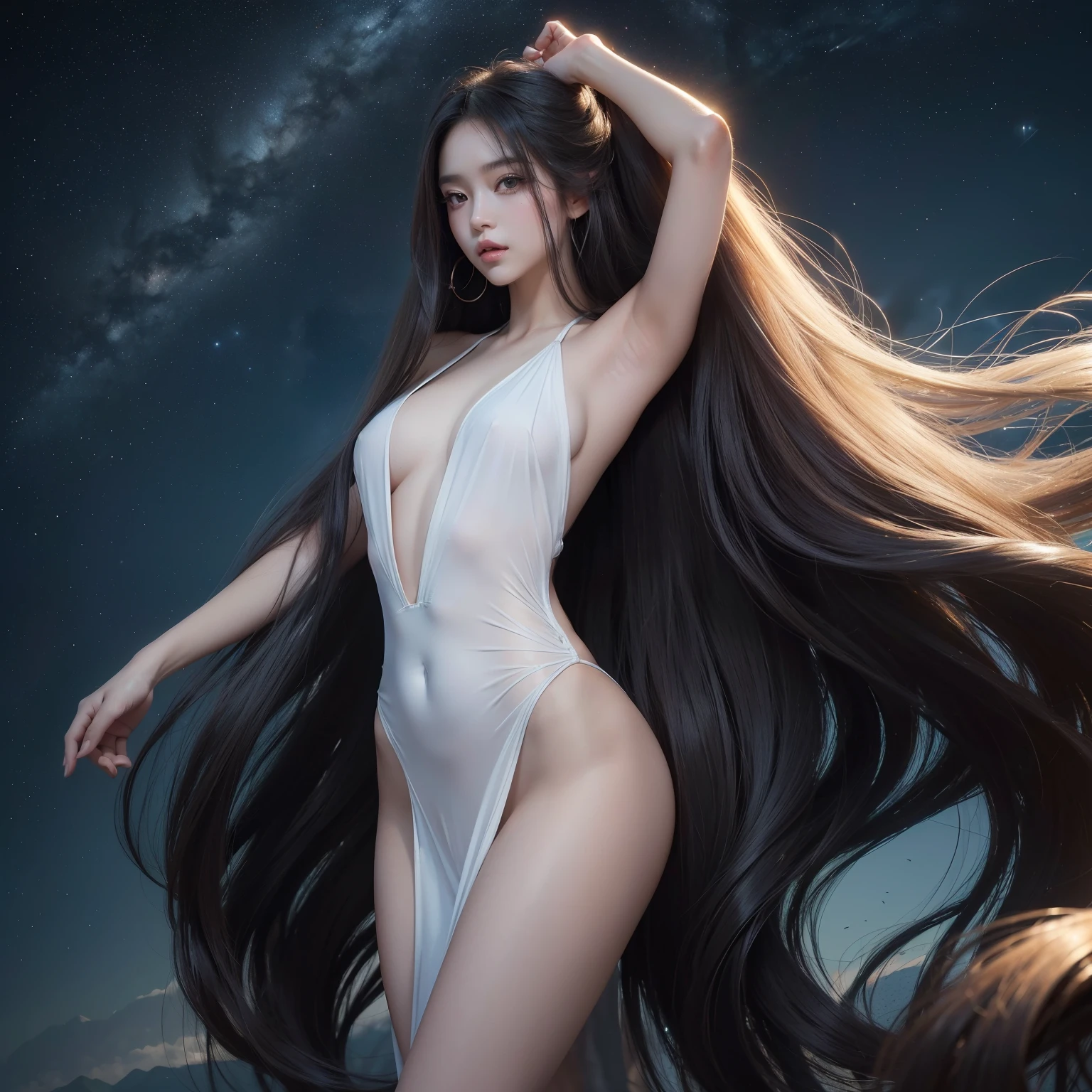 (best image quality、highest quality、highest resolution、Ultra-realistic photography、full body photo、masterpiece、16ｋ、）one girl。Super super long hair。Hair length is over 20 meters。super ultra long hair。Straight 20 meter long hair。 Beautiful face with well-defined features。Slender Body。Full body photo。White underwear or nude。She is proud of her very long hair。The longest hair in the world。World Long Hair Contest Winner。Ultra long hair。Beautiful face of Caucasian。She has very long hair dragging on the ground。White skin。Beautiful face with long face。Black eyes。Straight hair。Full body photo。Her long hair is so shiny and beautiful。In the background is a landscape reminiscent of a Roger Dean painting。Her long hair is flying in the strong wind。The image is full of flying hair。She is 2。She is proud of her long hair, which she holds up high around the nape of her neck with both arms.。Her hair is held up high and very feminine and attractive.。Her hair, more than 20 meters long, seems to reach the heavens as it flows into the sky。She has never had her hair cut since she was born.。The length of her hair is surprising to everyone。Stretching out into space。That&#39;s a lot of hair。Her black hair is lustrous and glitters more than silk.。Her very long black hair smells like roses。She has the most beautiful black hair in the world.。China's Greatest Beauty。Depict from head to hair。She is standing in a deserted forest, spreading her long hair out over her neck with both arms。Her hair is too long to fit on the screen。Her long hair is too much to fit on the screen.。Depict everything from the head to the tips of the hair。Depict everything down to her feet。 Beautiful face with well-defined features。Thin face。Big Eyes。smile。She is playing with her very long black hair。She holds her very long black hair up towards the sky with both hands。The amount and shine of her flowing black hair is amazing。Her black hair, currently 20 meters long, will grow even longer.。