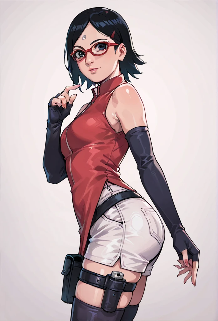 score_9_up, score_8_up, score_7_up, score_6_up, score_5_up, score_4_up, ,zPDXL2, solo, rating_questioablr, perfect face, perfect eyes, BBC_Chan Style, Sarada Uchiha, solo, 1girl, black hair, short hair, red-framed eyewear, glasses, black eyes,red dress, sleeveless, elbow gloves, black gloves, fingerless gloves, white shorts, black thighhighs, thigh holster, side view, large round butt, naruto village,