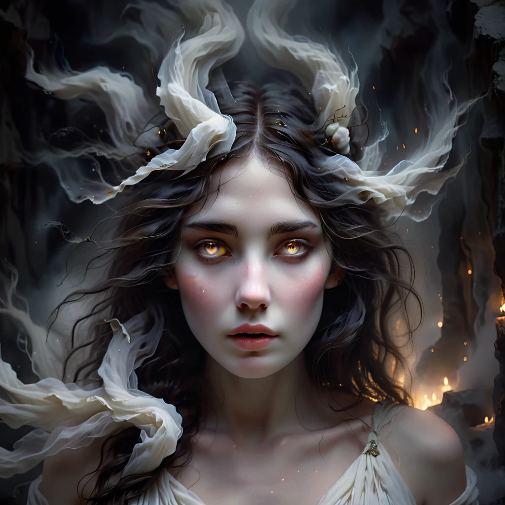 a photorealistic digital painting of Melinoë, the Greek goddess of ghosts, beautiful detailed eyes, beautiful detailed lips, extremely detailed face and features, long eyelashes, flowing ethereal white dress, glowing pale skin, dark hair, standing in an underworld realm with glowing ethereal spirits and wisps of mist, dramatic lighting, moody and atmospheric, highly detailed, cinematic composition, vibrant colors, realistic and lifelike, award winning digital art