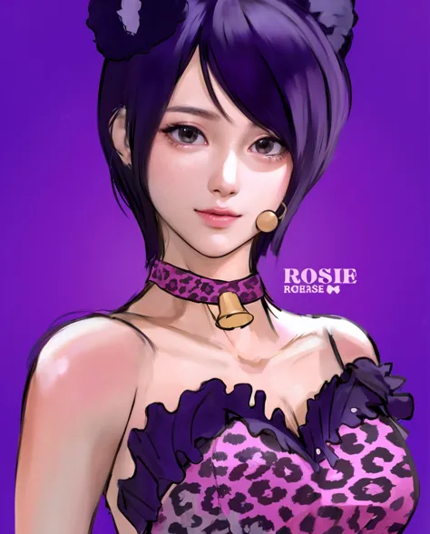 a digital artwork of a young woman with short, dark purple hair and cat ears. her face closely resembles hwayoung from the k-pop...