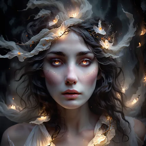 a photorealistic digital painting of melinoë, the greek goddess of ghosts, beautiful detailed eyes, beautiful detailed lips, ext...