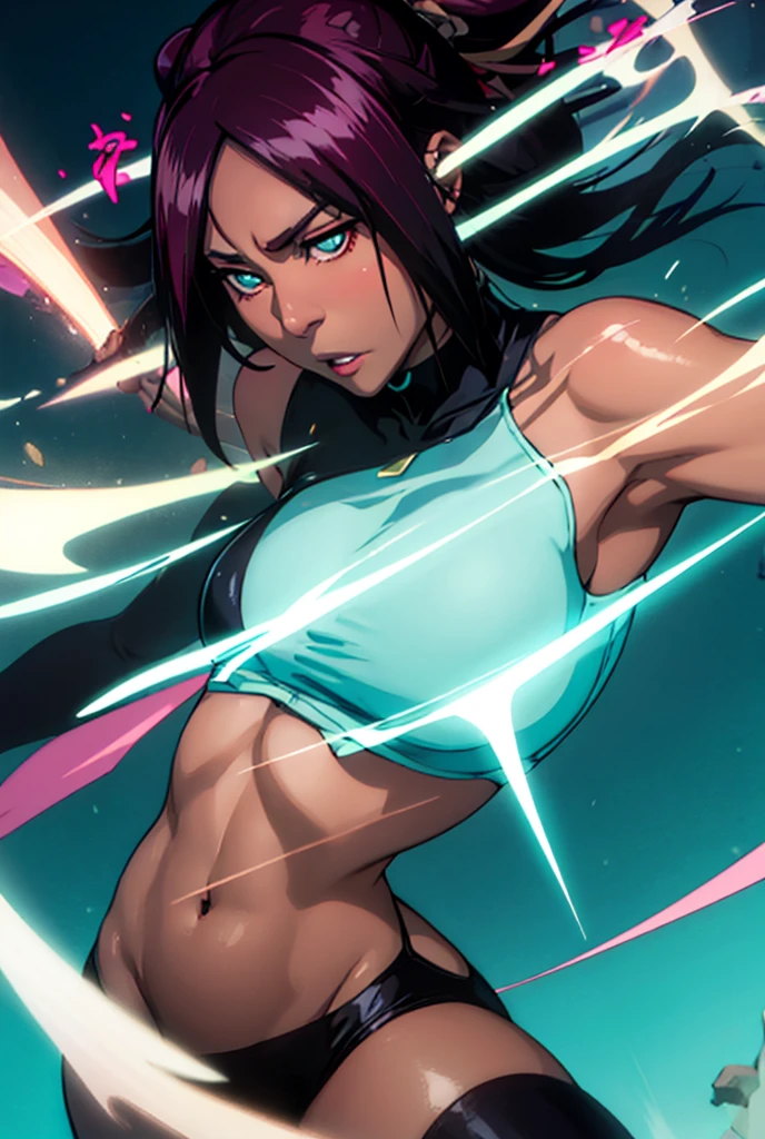 独奏, 1 , anatomically correcte, precise, longye hair, bangs straight, breastsout, big-ass, wide hip. brunette skin. darker skin tone. neon cyan hair, black.. cyan hair.Clothes of a noble queen. vampires