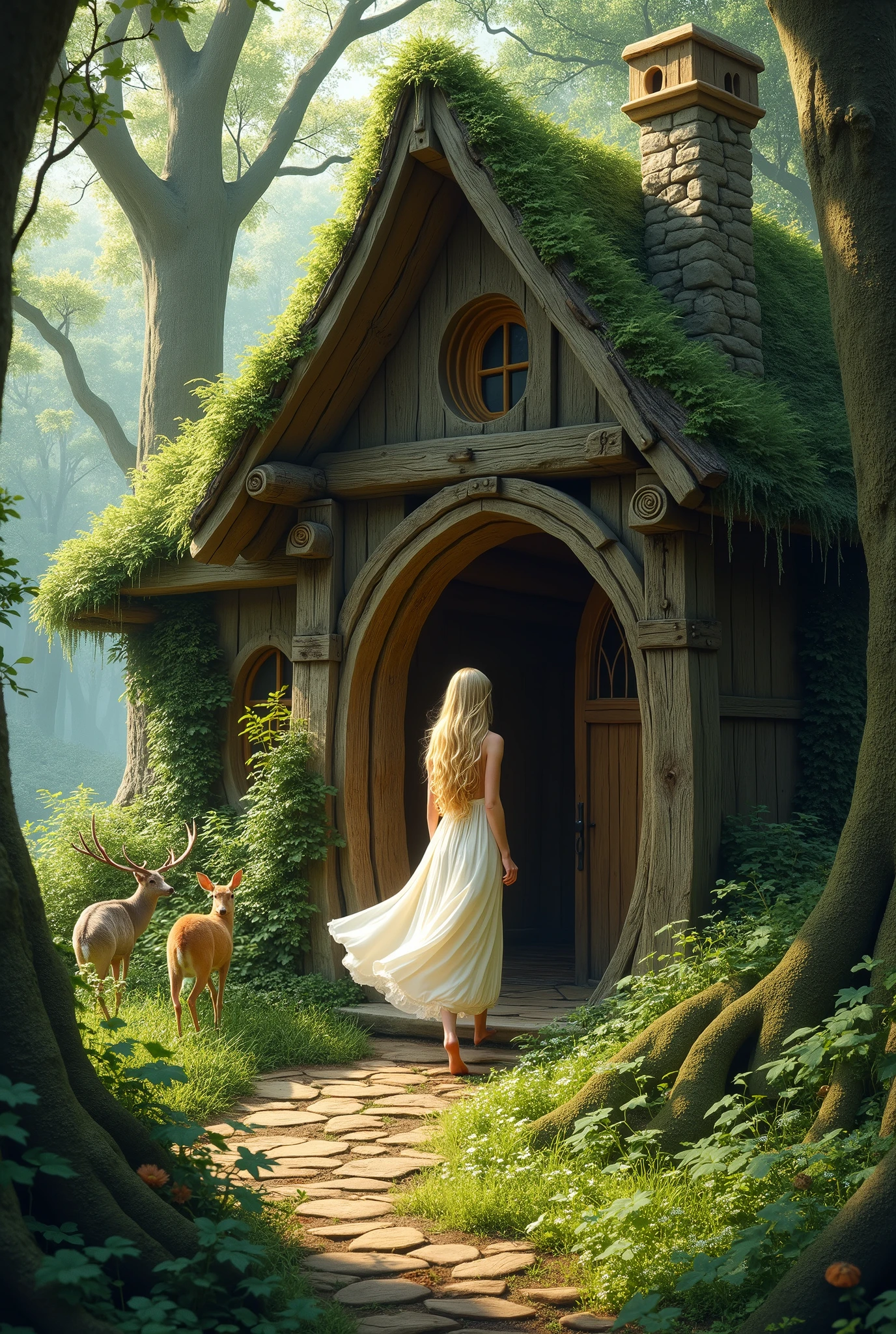 realistic photo, High Definition, house in a forest, a woman entering the house, blonde woman, animals on the sides, fantasy, elven world