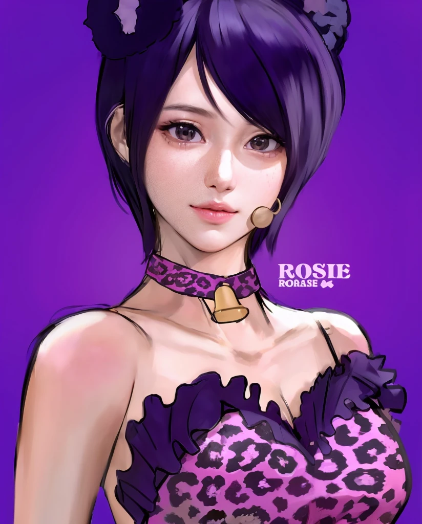 Create a hyper-realistic portrait of a young woman with short, dark purple hair and subtle cat ears. The woman's face should be a close likeness to Hwayoung from the K-pop group T-ara, with detailed skin texture, lifelike lighting, and natural facial proportions. Focus on recreating her distinct facial features, such as her large almond-shaped eyes, soft smile, and smooth, youthful complexion. She is wearing a sleek, modern pink and purple leopard-print outfit, with a stylish choker that includes a small gold bell. The background is a deep, gradient purple, but the style should move away from anime and focus on a photorealistic, contemporary art style, with natural lighting and shadows that enhance the realism."