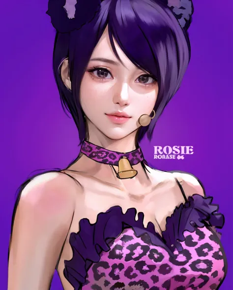 create a hyper-realistic portrait of a young woman with short, dark purple hair and subtle cat ears. the woman's face should be ...