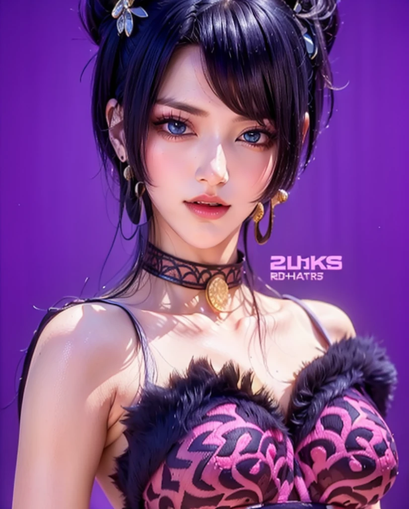 Ultra-realistic 8k CG, (Very detailed背景, delicate pattern, intricate details, Very detailed, fine details), of the highest quality, (realist:1.4),beautiful lighting, absurd, RAW Photos, film grain, ((medium chest, slender girl,  fence, portrait)), boa hancock, A girl, alone, black fur, by the wide, jewelry, (earrings, iris), ((slender girl, medium chest)), neckline, smile, dress, layer, charreteras, belly button, abdomen, blush, clavicle, (Complex and detailed background, blue sky, natural surroundings, fence, portrait),  