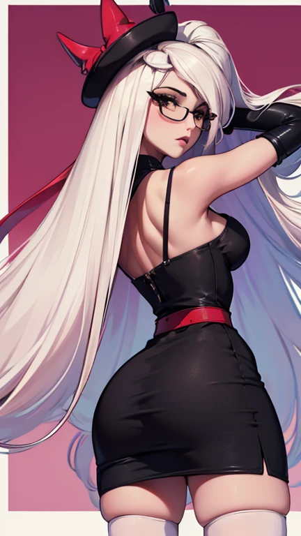 (back view Emphasis), backs, pose for photo,  from behind, pose(masterpiece, best quality:1.4), absurdres, highres, ultra detailed, beautiful, (secretary), (perfect face, detailed face, beautiful:1.3),(natural breasts, cleavage), glasses, collarbone, fingerless gloves, gloves,spaghetti strap top, black pencil skirt, tight, over the knee skirt, hat, elegant secretary outfit, thighhighs, thick thighs, thighs, multiple belts, More detailed 8K.motor irreal:1.4,UHD,La mejor calidad:1.4, fotorrealista:1.4, textura de la piel:1.4, obra maestra:1.8,obra-prima, mejor calidad, (detailed face features:1.3),(manos detailed)