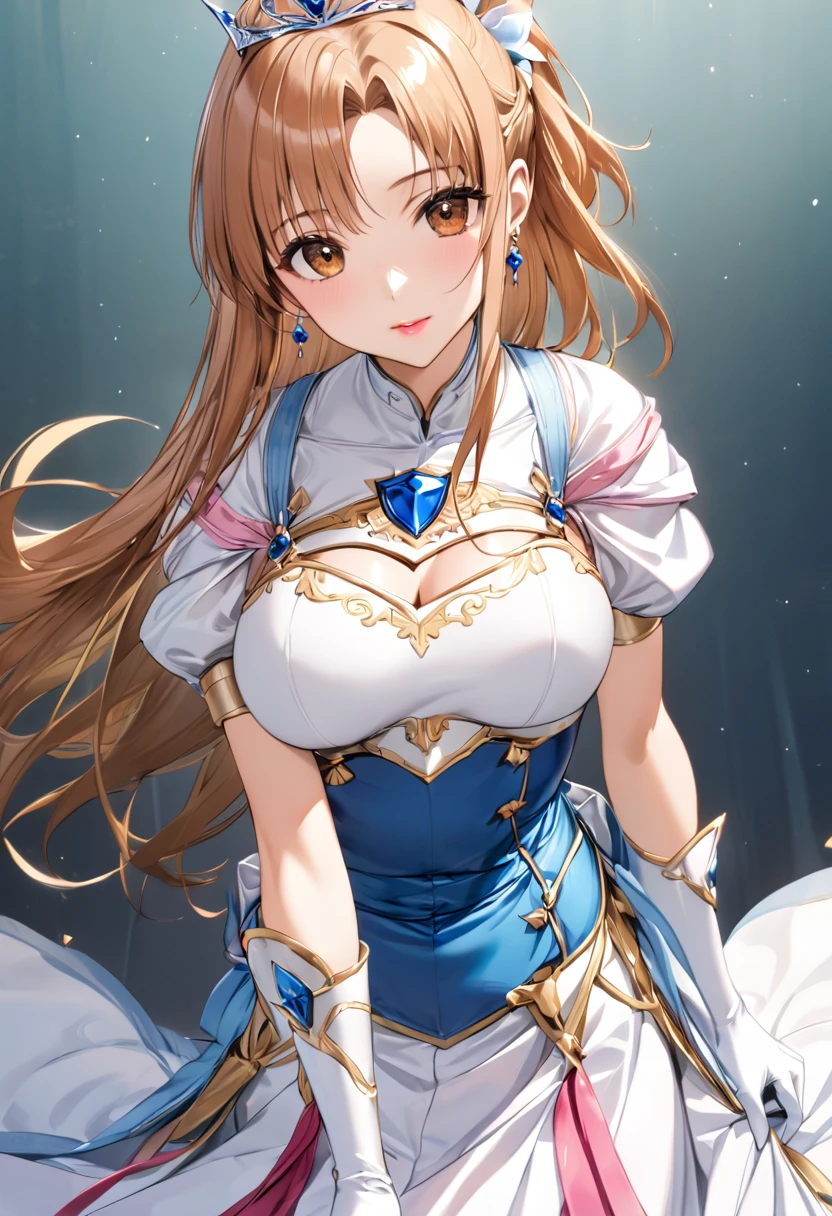 ((masterpiece)), Highest quality, Very detailed,(One Girl), Asuna \(star\), dress, gloves, jewelry, Cleavage, Princess,elbow gloves,tiara,brooch,white gloves、Adult female、thin、so beautiful、Beautiful Face、Long skirt、(((Blue and white armor、breastplate、Shiny Armor:1.2)))、Has a bow、Gold earrings、Brown Hair, Brown eyes, Pink Lips、whole body