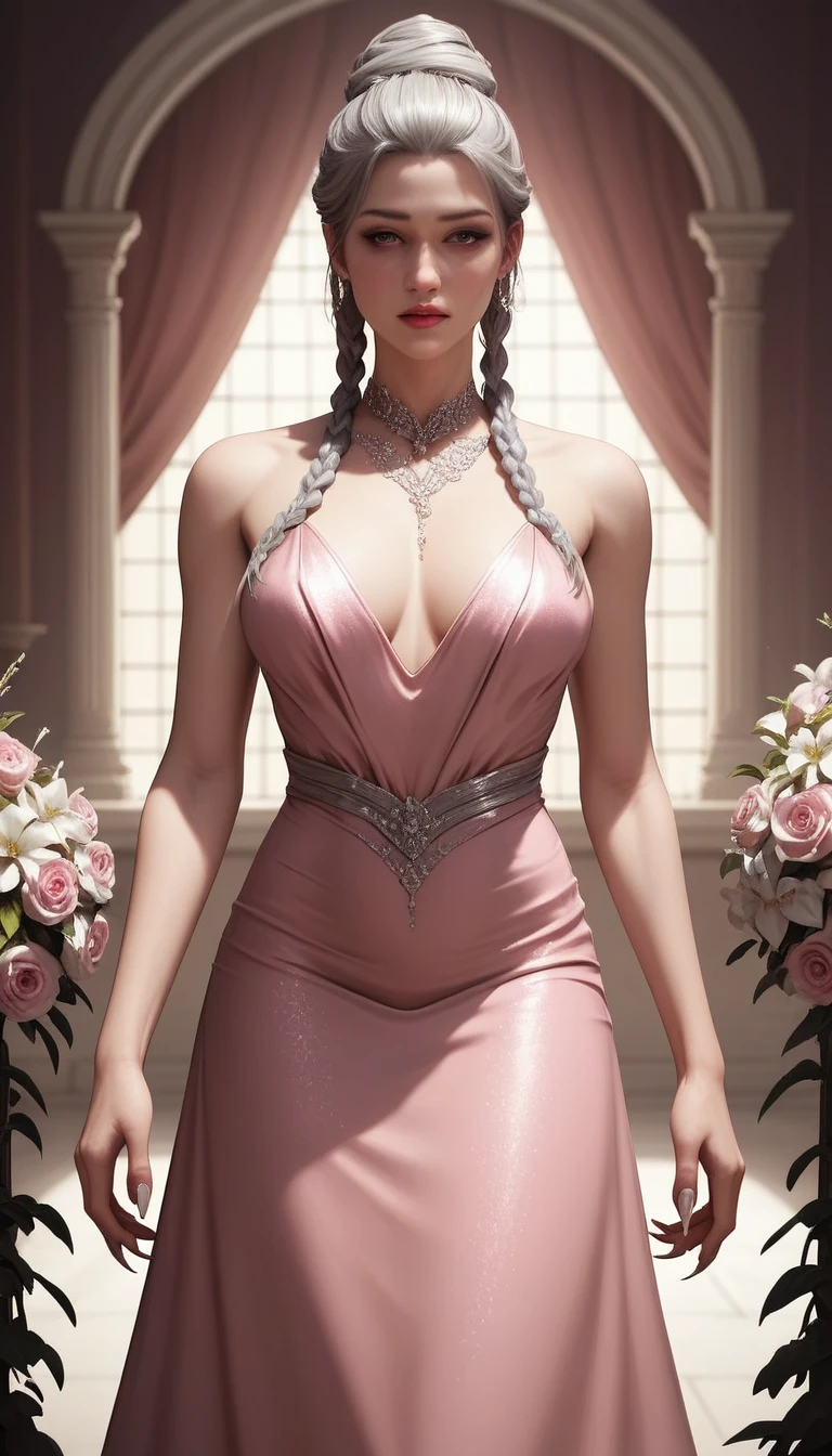 woman, Severe, elegant, Pink Dress, Aristocratic, silver element, Long nails, Exposing shoulders, Hairstyle, Put your hair up, Braids and ponytails, Messy, arrogant, Absurd, Detailed dress, Royalty, celebration, Hall decorated with flowers, Cowboy Shot, Portraiture, (Highest quality), (masterpiece), (Very detailed), (4K)