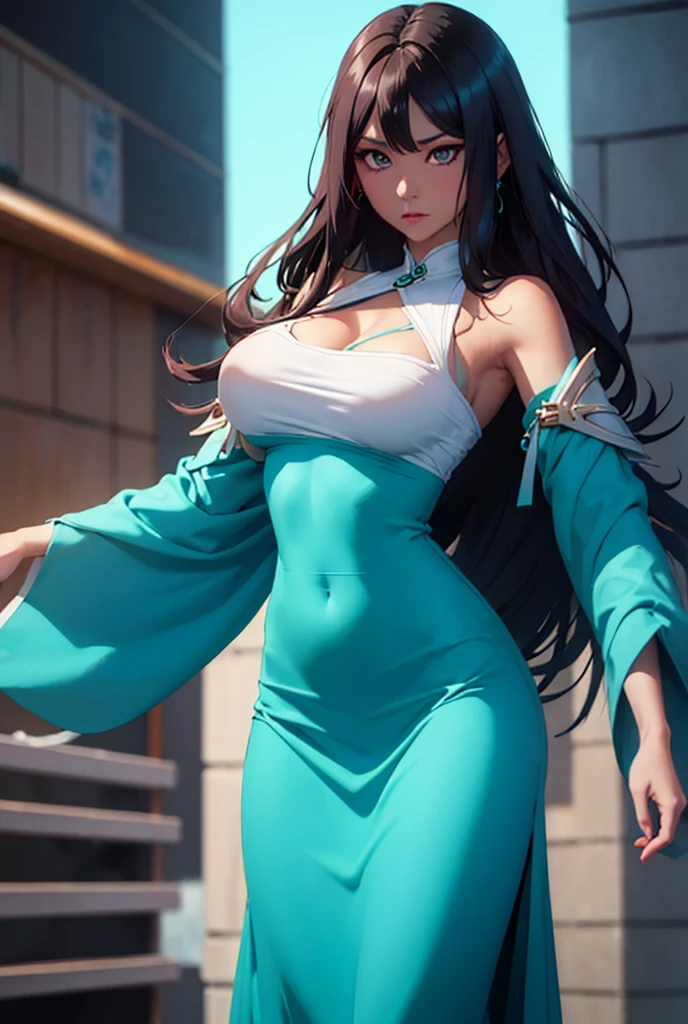 brunette skin .独奏, 1 , anatomically correcte, precise, Long hair and light cyan blue, bangss, breastsout, big-ass, wide hip. brunette skin. neon cyan hair, cyan hair.Clothes of a noble queen.Black and cyan dress. vampires