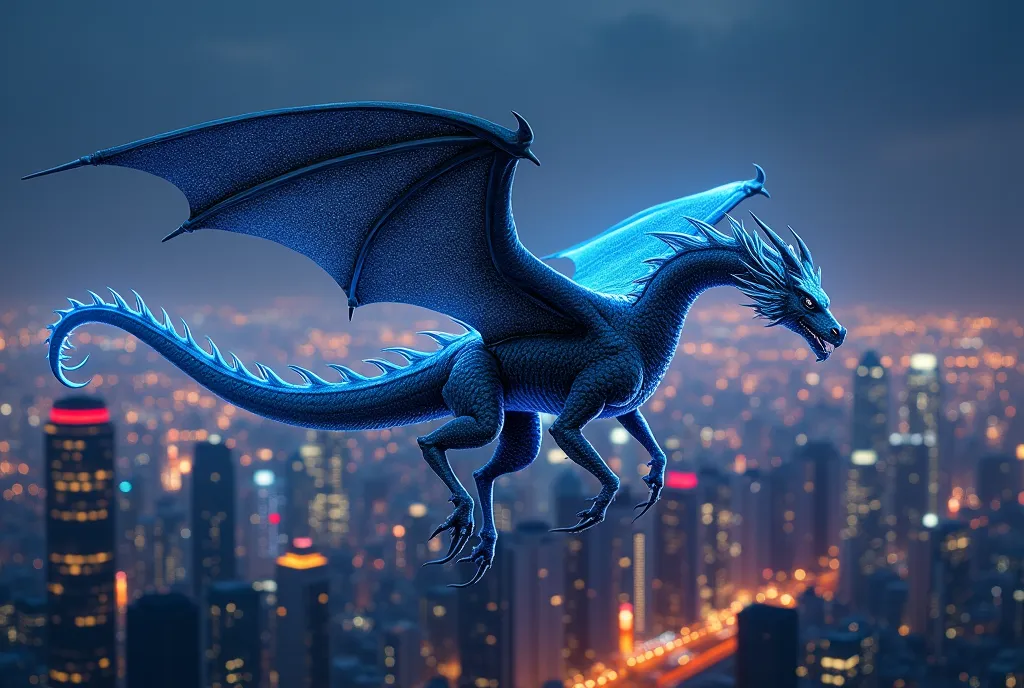 Visualize a dragon in mid-flight against the backdrop of a modern city skyline. This sky dragon has a sleek, aerodynamic form, reflecting the high-tech nature of its urban setting. Its scales glint with the countless lights of the city, providing a stunning contrast to the darkening sky. The dragon is shown in side profile, adding to the dynamic feel of this illustration. It's important to encapsulate the magnificence and majesty of the dragon, as well as the urban atmosphere of the city, as this design will serve as a logo.