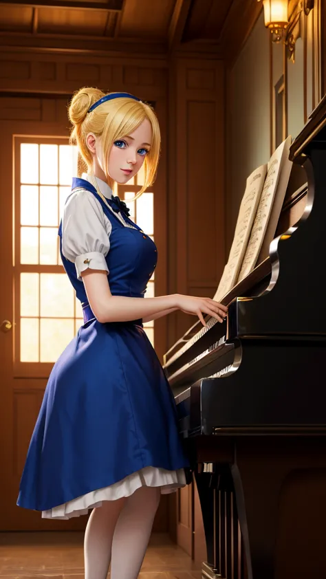 an anime drawing about a young blonde lady, blue eyes, maid dressed, playing the piano on a huge and rich old fashioned house, v...