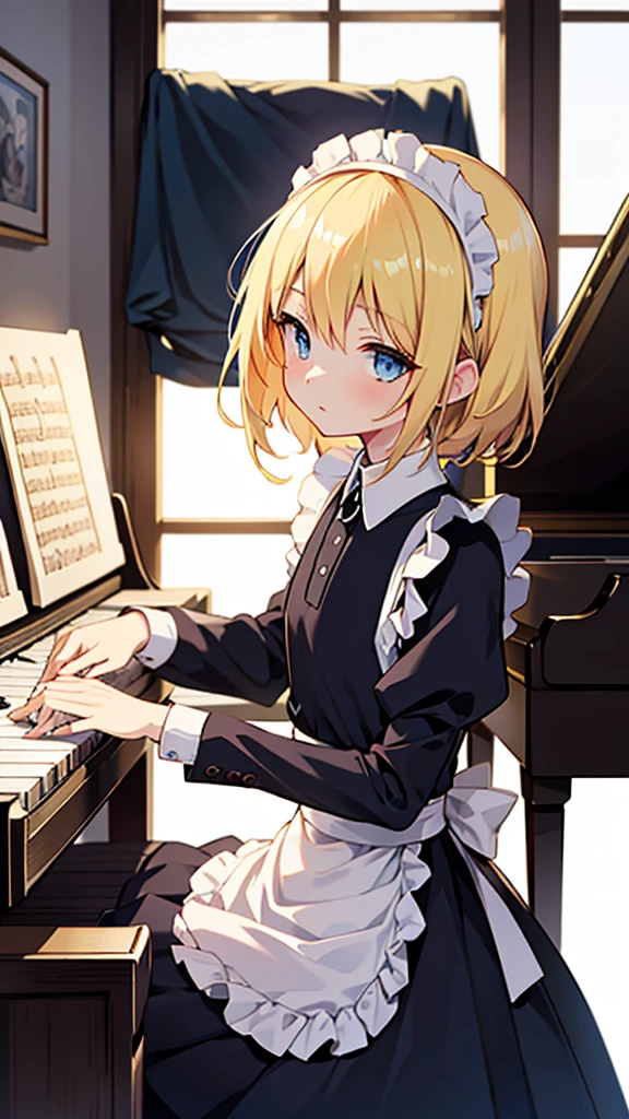 an anime drawing about a young blonde lady, blue eyes, dressed with a black maid dress, playing the piano on a huge and rich old fashioned house, very detailed, 4K, colorful, masterpiece.