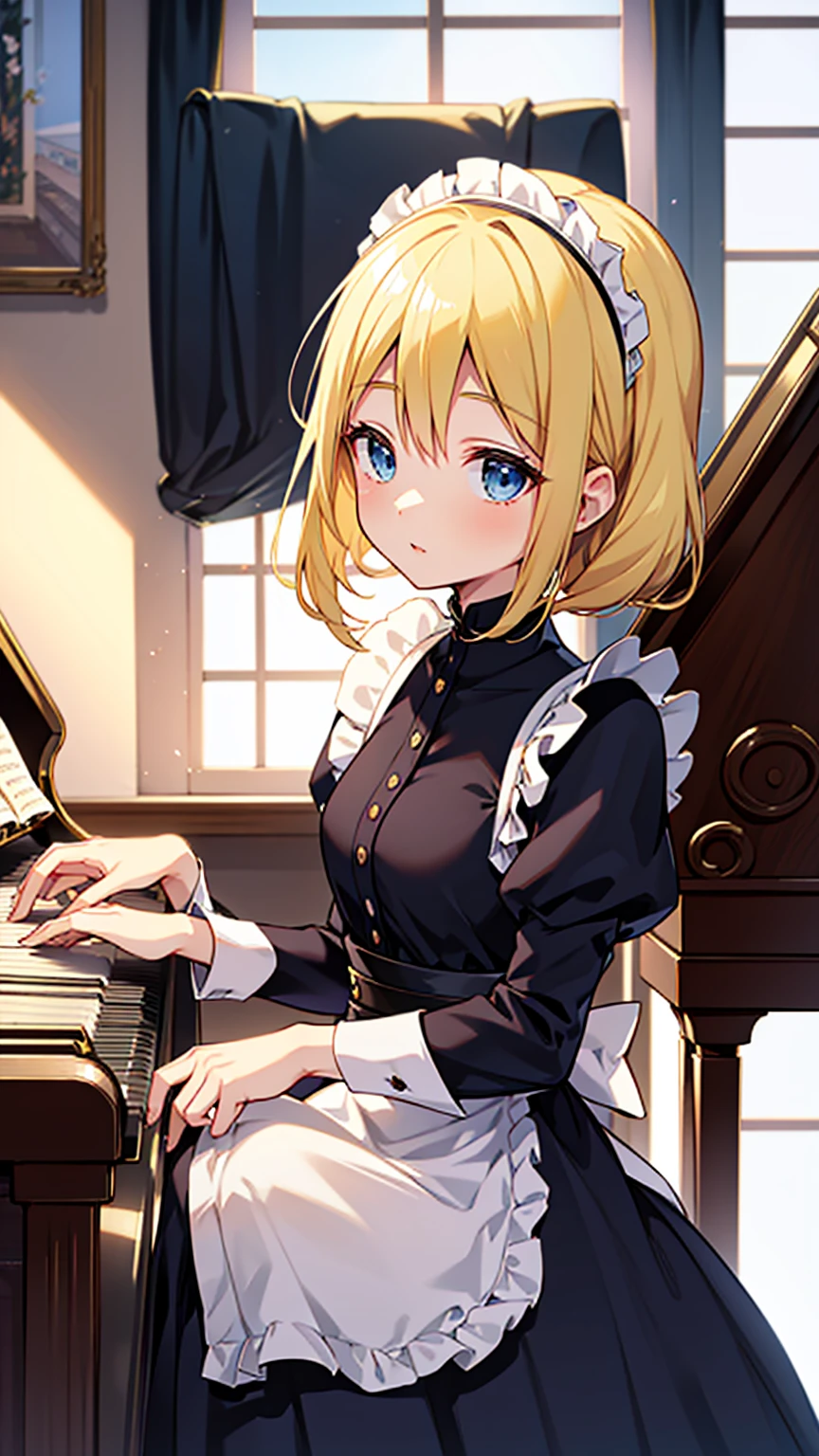 an anime drawing about a young blonde lady, blue eyes, dressed with a black maid dress, playing the piano on a huge and rich old fashioned house, very detailed, 4K, colorful, masterpiece.