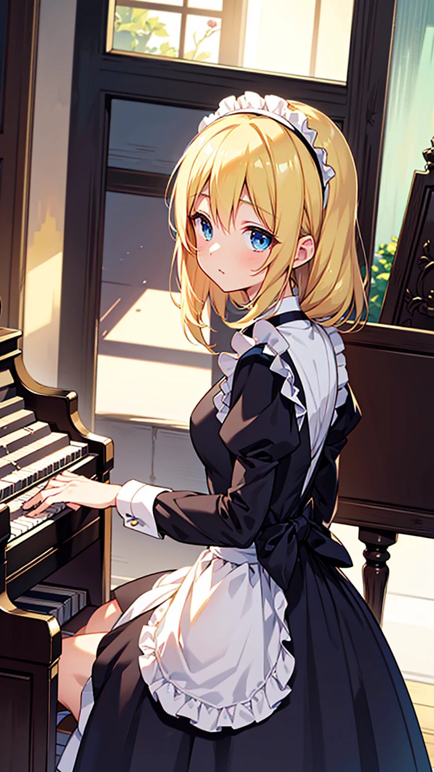 an anime drawing about a young blonde lady, blue eyes, beautiful body, dressed with a black maid dress, playing the piano on a huge and rich old fashioned house, very detailed, 4K, colorful, masterpiece.