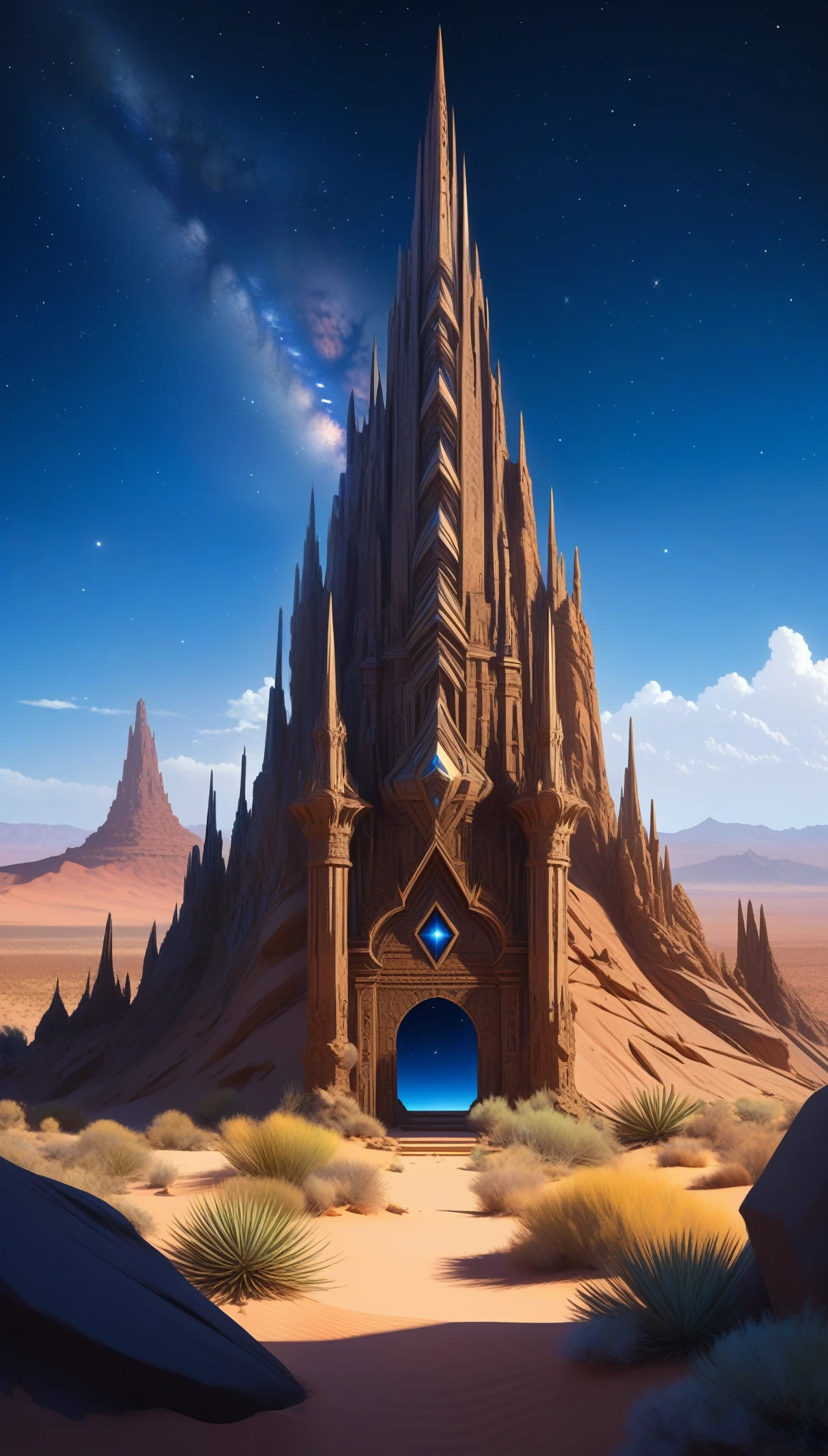 A towering obelisk covered in intricate glowing runes stands tall amidst a golden desert, setting sun, sandstorms swirl around, intricate architecture, masterpiece, best quality, very aesthetic, absurdes.