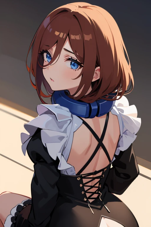 beautiful girl, long eyelashes, blue eyes, with headphones around the neck, caramel colored hair (dark) , (disheveled hair tilted to the left), (high), (very voluptuous anatomy), View from behind crouching with legs open, in a maid outfit, maid. 