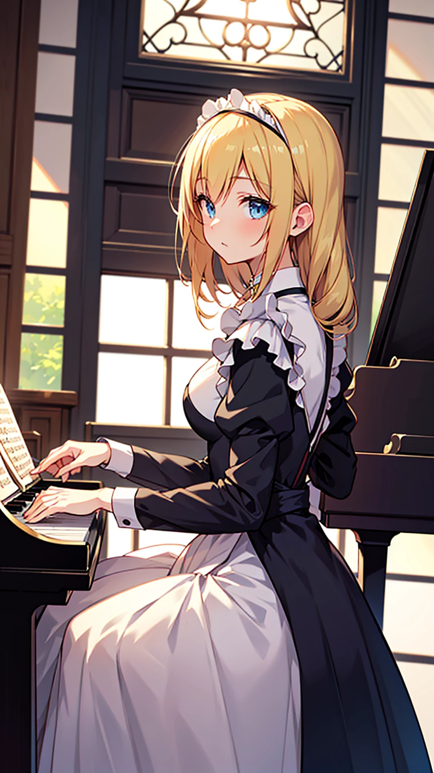 an anime drawing about a young blonde lady, blue eyes, beautiful body, dressed with a black maid dress, playing the piano on a huge and rich old fashioned house, very detailed, 4K, colorful, masterpiece.