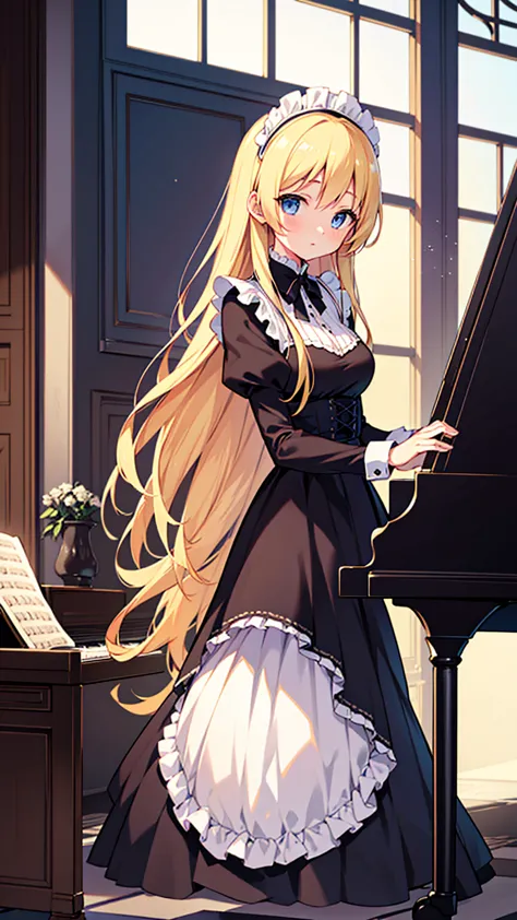 an anime drawing about a young blonde lady, blue eyes, beautiful body, dressed with a black maid dress, playing the piano on a h...