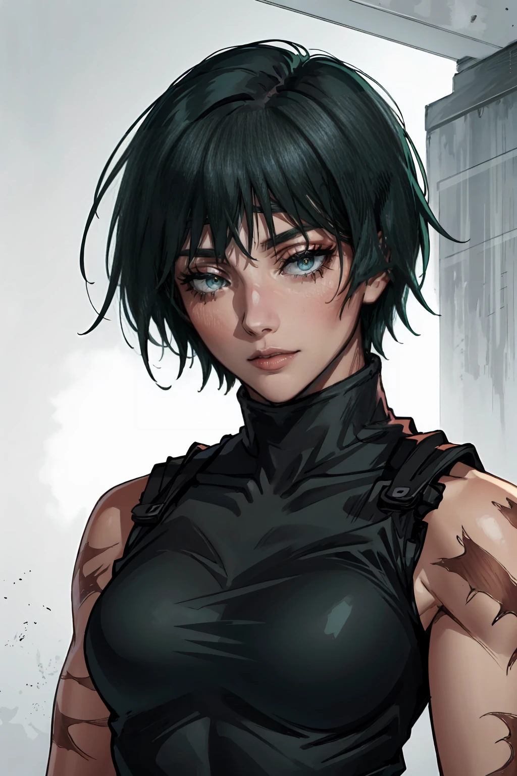 (masterpiece:1.2, best quality:1.2, beautiful, high quality, highres:1.1) zenin_maki, glasses, bangs, dark green hair, dark green eyes, jujutsu_uniform, scars on body, muscular, short hair, smirk, detailed facial features, intricate clothing textures, dramatic lighting, cinematic composition, vibrant colors, fantasy art style