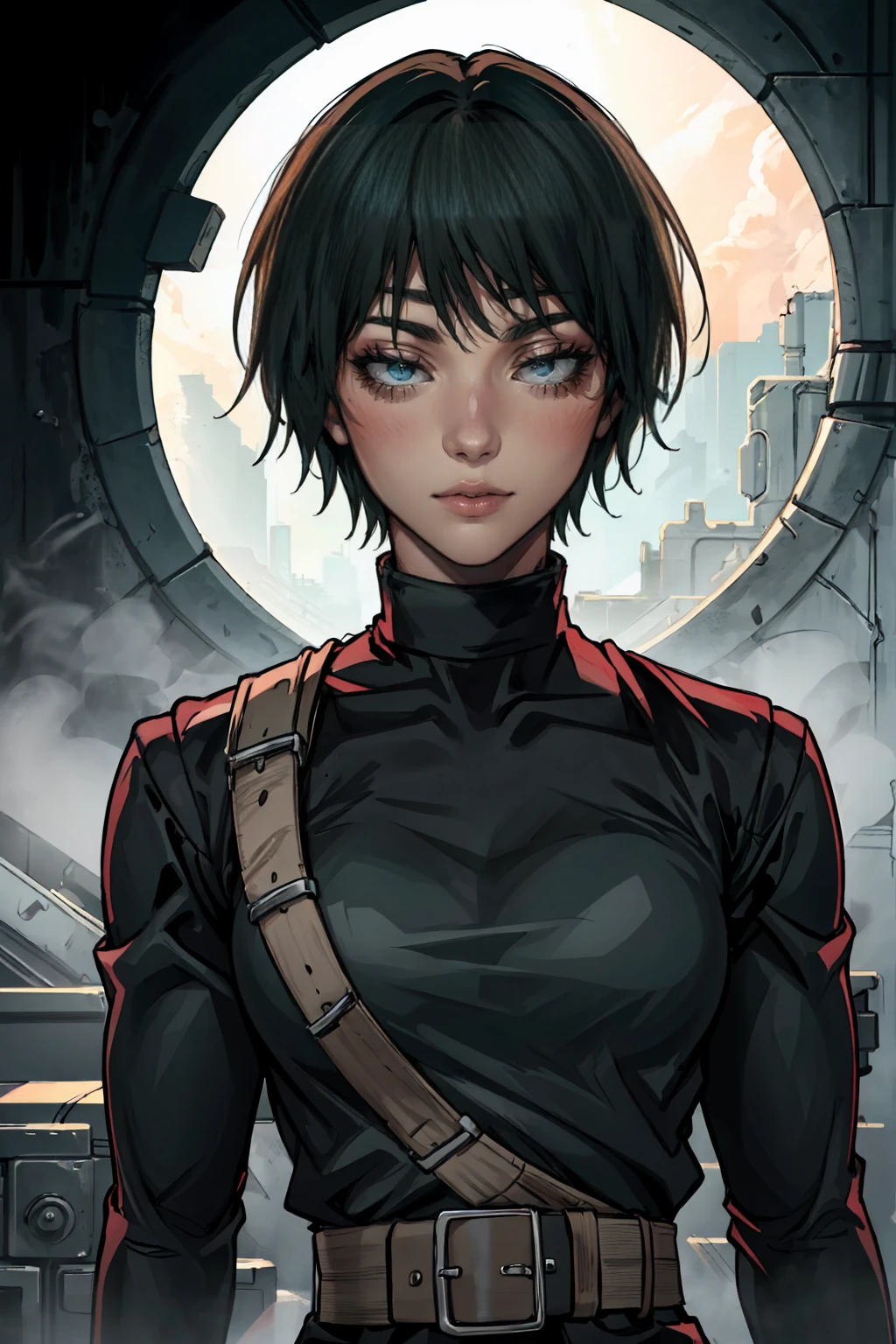 (masterpiece:1.2, best quality:1.2, beautiful, high quality, highres:1.1) zenin_maki, glasses,circle shaped glasses, bangs, dark green hair, dark green eyes, jujutsu_uniform, scars on body, muscular, short hair, smirk, detailed facial features, intricate clothing textures, dramatic lighting, cinematic composition, vibrant colors, fantasy art style