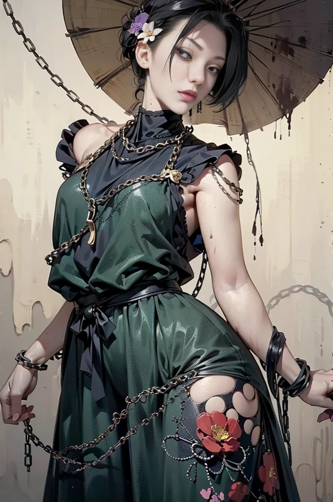 ((Background made up of chains and flowers))、 Horror elements, (masterpiece), (High resolution), (Very delicate), (clear), Manga style illustration,Japanese painting, (spooky), crazy illustration, Flat Illustration, spooky外観, (Mr..々Color Hair Styles), Unique atmosphere、Small eyes、（Flat Chest）, ((Muddy hair)),chain wrapped around body、((spookyタトゥー))、Holding a balloon,Skin full of stitches,restrained by thick chains、（Colorful clown costumes）、Bold Pose、Sexy Costumes、dress
