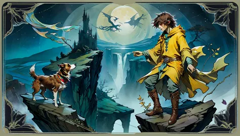 tarot card, crazy, a young man in colorful clothes stands on the edge of a cliff accompanied by a dog., ((text at the bottom of ...