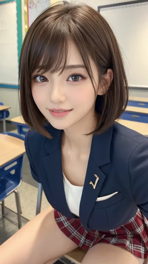 ((high school classroom:1.2)),schoolgirl uniform,blazer, super short,plaid,blue micro mini skirt,very cute face,glossy lips,beau...