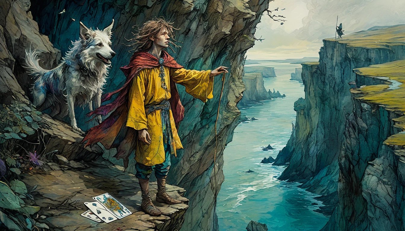 tarot card, Crazy, A young man in colorful clothes stands on the edge of a cliff accompanied by a dog., ((text at the bottom of the letter: "Crazy"))By Brian Froud and Carne Griffiths and Wadim Kashin, intricate details, oil. well-defined face and hands, cinematic, full hd, it is day, with a lot of yellow in the environment, The Fool&#39;s clothes are light and he is happy with life, about to jump off a cliff.. The landscape is beautiful and he has a little dog at his feet taking care of him..