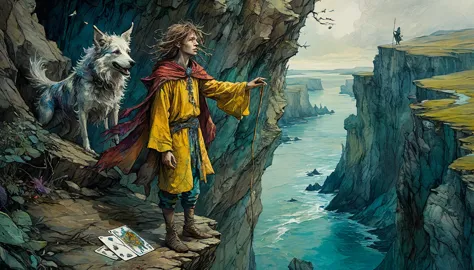 tarot card, crazy, a young man in colorful clothes stands on the edge of a cliff accompanied by a dog., ((text at the bottom of ...