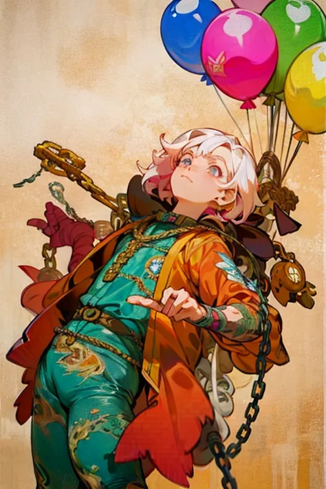 there is a woman with balloons and chains on her back。, greg tocchini, inspired by tomer hanuka, by tomer hanuka, joan rua, jame...