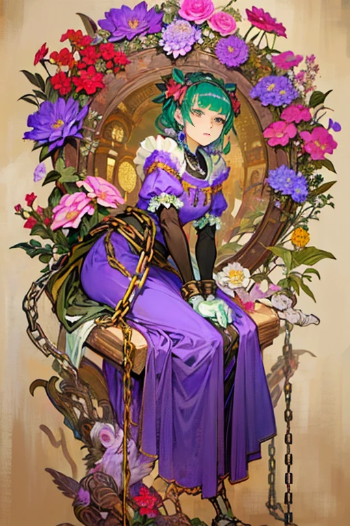 ((Background made up of chains and flowers))、 Horror elements, (masterpiece), (High resolution), (Very delicate), (clear), Anime characters wearing chains, green dress and purple dress, Alphonse Mucha and Rosdrose, Kschaert Krentz Key Art Feminine, everyone, Gweiz-style artwork, Rococo Cyberpunk, mechanized witch girl, Alice in Wonderland Cyberpunk
