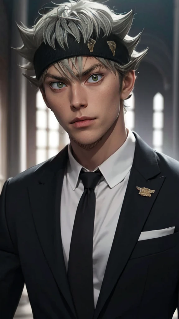 artwork, best quality, high quality, 1 boy, solo, male focus, looking at viewer, half body asta, green eyes, headband, gray hair, spiky hair, artwork, very realistic, not entered smart, tall, very detailed, HDR, masterpiece, very detailed face and eyes, solo, guy, handsome, in the dark, sturdy body, tall, handsome face, still youthful like a Korean artist, his face has a flat expression, his body is big and muscular , tall, standing straight, sturdy body, tall, strong and handsome, wearing a complete black suit, mafia, like the mafia, modern times, at night, facial expression flat, scary, Susana tense, uncomfortable, scary, dark atmosphere, Crossed both hands in front of the chest