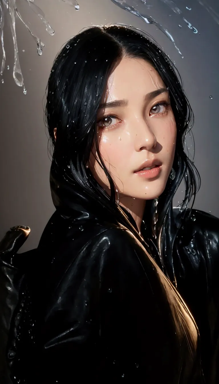 ultra-realistic portrait of a woman, wet short black hair, detailed skin pores, natural facial shadows, sharp facial features, s...