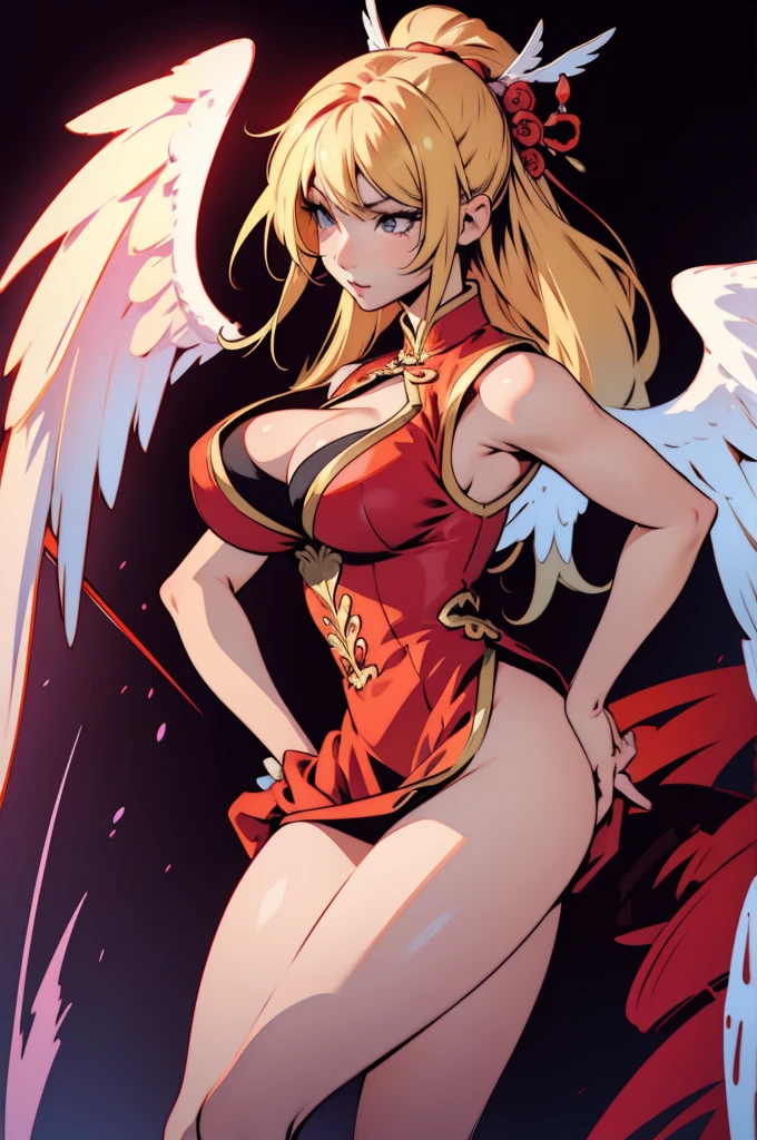 Blonde Clothes Oriental Style Chinese Red, Full Body Shanxia, Angelic white wings, Cleavage, A tense look, Big Boobs, Big Ass, Cartoon style