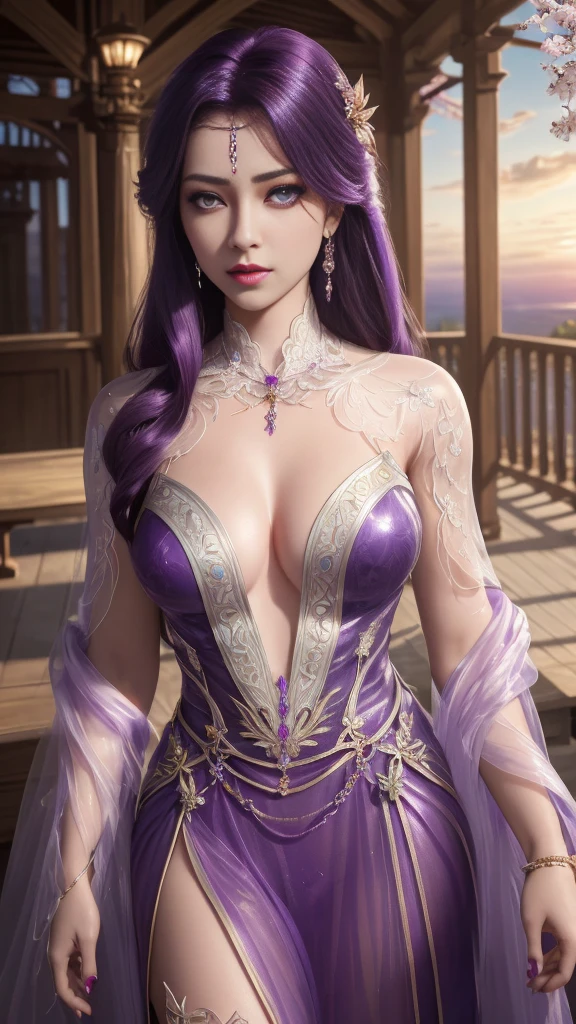 (,1girll, angle of view,Best quality, ) , (((,1girll, Solo,, view the viewer, Cherry blossoms,   , purple_Hair, purple_Eyes, Long_Hair, Solo, Cloud, jewelry, sheer see-through tight-fitting plunging deep-v provocative dress, Sunset, sky ))) ultra realistic 8k cg, Flawless, Clean, Masterpiece, Professional artwork, Famous artwork, Cinematic lighting, Cinematic bloom, Perfect face, Beautiful face,,fantasy, hug natural breasts, full  body, Dreamlike, unreal, Science fiction, Lace, Lace trim, lace-trimmed legwear, luxury goods, jewelry, Diamond, gold, the pearl, Pedras preciosas, Sapphire, Ruby, Emerald, intricately details, Delicate pattern, Charming, Alluring, Seductive, Erotic, Enchanting, hair adornments, necklace, Earrings, Bracelet, armlets,Halo,Autumn,dynamicposes。