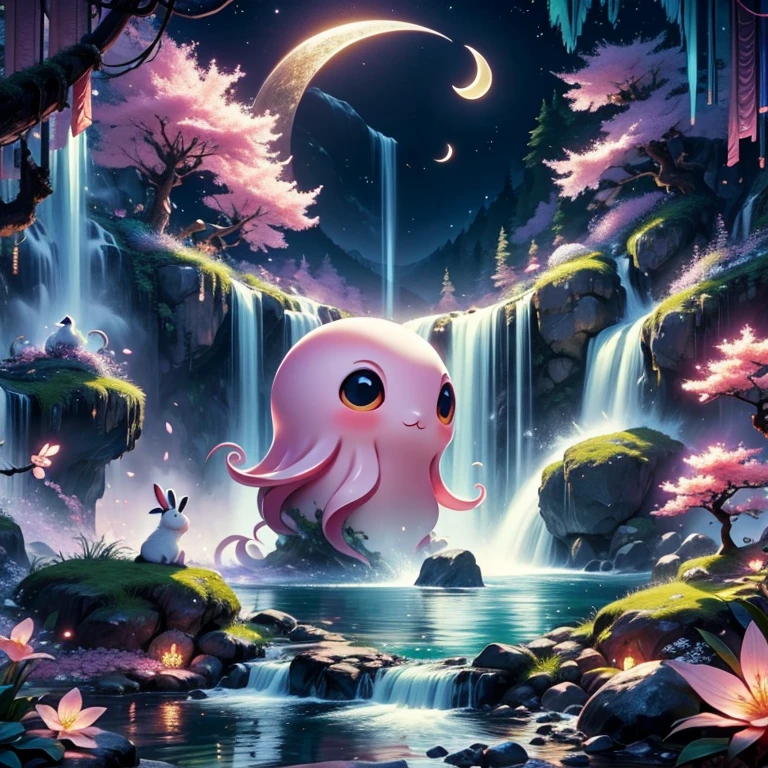 Sakura tree on the crescent moon a waterfall crescent moon cup having octopus inside and waterfall having rabbits taking bath, fairy tale 