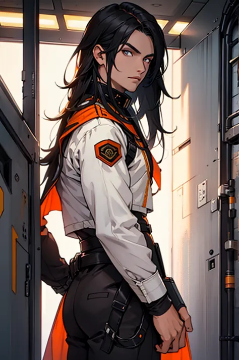 long black-haired white 1 wear military suit, orange cape, big hazel eyes, sci-fi, dark mood, charturnerv2