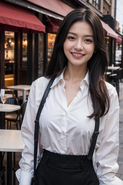 fullbody young dark-haired woman is smiling and looking directly at the camera. she is wearing a white collared shirt under a bl...